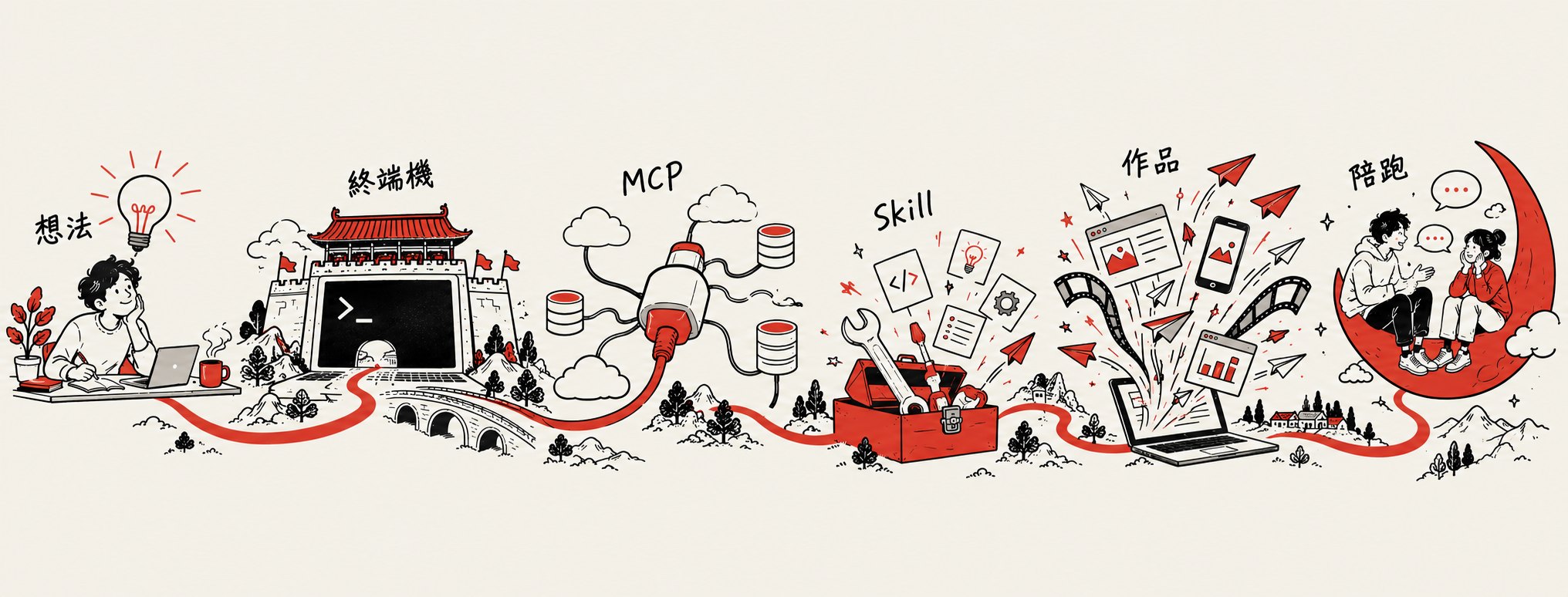 從想法、終端機、MCP、Skill 到作品與陪跑的學習旅程插畫